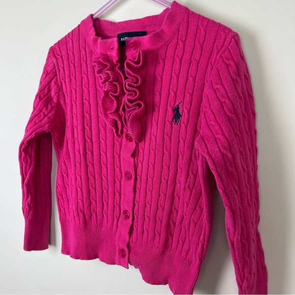 Ralph Lauren Girls Cable Knit Cardigan Pink Button Up Ruffle Size M (AU 3/4) - Picture 2 of 8